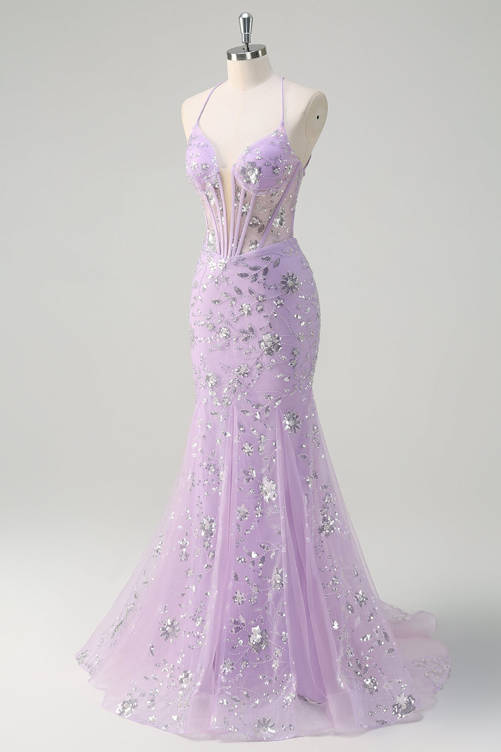 Sparkly Lilac Mermaid Sequined Spaghetti Straps Long Prom Dress