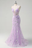 Sparkly Lilac Mermaid Sequined Spaghetti Straps Long Prom Dress