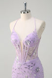 Sparkly Lilac Mermaid Sequined Spaghetti Straps Long Prom Dress