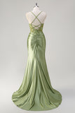 Sparkly Mermaid Army Green Corset Lace Up Back Long Prom Dress with Slit