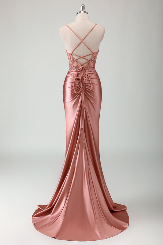 Dusty Rose Mermaid Spaghetti Straps Sweetheart Prom Dress with Slit