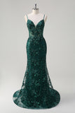 Sparkly Dark Green Floral Mermaid Spaghetti Straps Long Prom Dress