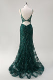 Sparkly Dark Green Floral Mermaid Spaghetti Straps Long Prom Dress