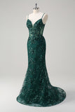 Sparkly Dark Green Floral Mermaid Spaghetti Straps Long Prom Dress