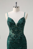 Sparkly Dark Green Floral Mermaid Spaghetti Straps Long Prom Dress