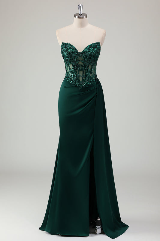 Sparkly Dark Green Sheath Corset Long Lace Prom Dress with Slit