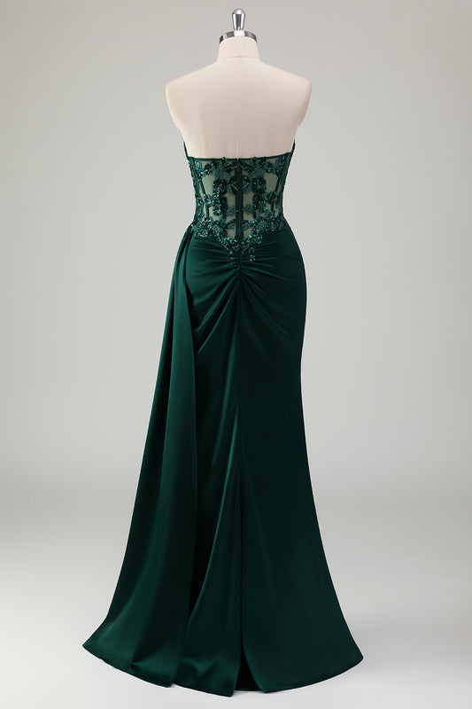 Sparkly Dark Green Sheath Corset Long Lace Prom Dress with Slit