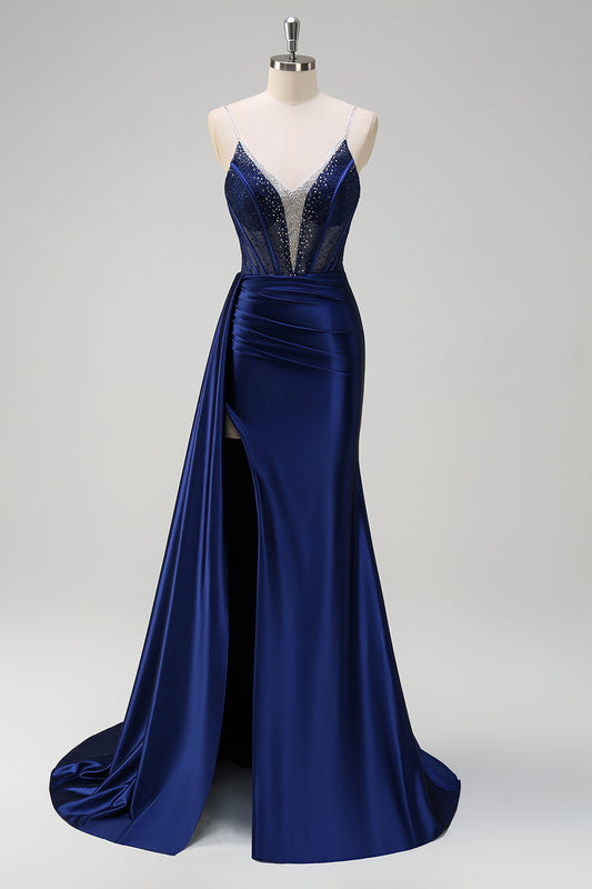 Navy Beaded Mermaid Spaghetti Straps Long Prom Dress with Slit