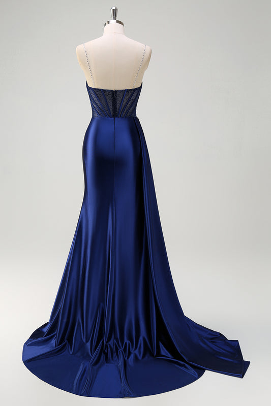 Navy Beaded Mermaid Spaghetti Straps Long Prom Dress with Slit