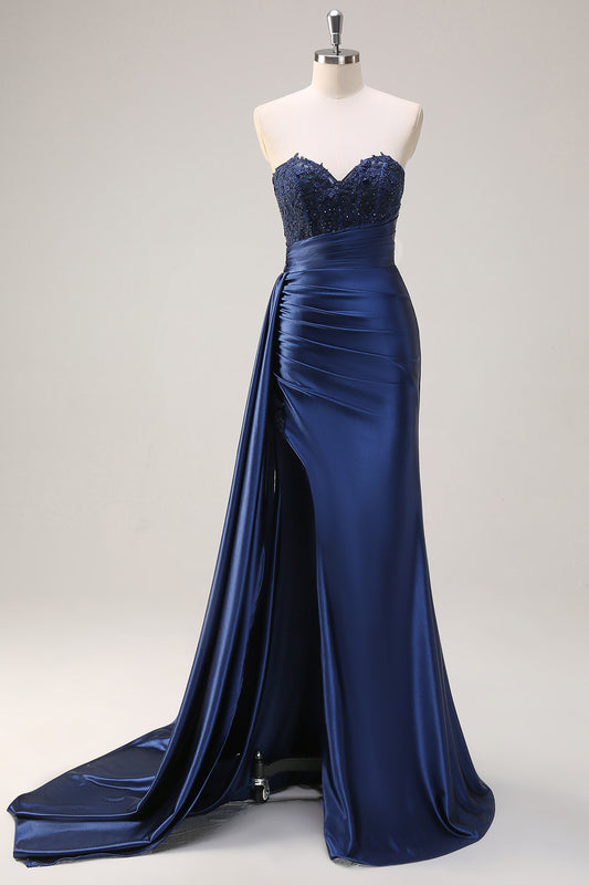 Navy Mermaid Appliques Sweetheart Long Prom Dress with Slit