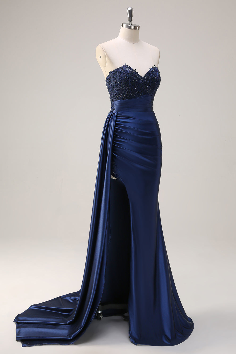 Navy Mermaid Appliques Sweetheart Long Prom Dress with Slit