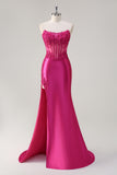 Fuchsia Mermaid Strapless Corset Appliques Long Prom Dress with Slit