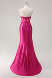 Fuchsia Mermaid Strapless Corset Appliques Long Prom Dress with Slit