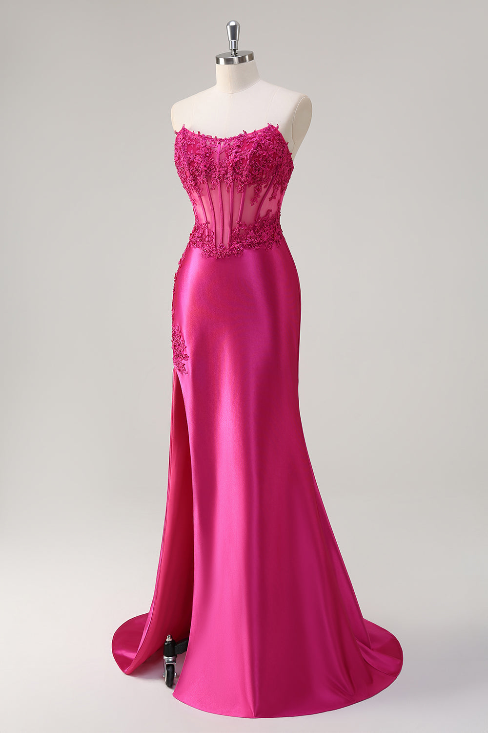 Fuchsia Mermaid Strapless Corset Appliques Long Prom Dress with Slit