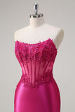 Fuchsia Mermaid Strapless Corset Appliques Long Prom Dress with Slit