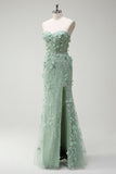 Sage Mermaid Sweetheart Floral Appliqued Long Prom Dress with Slit