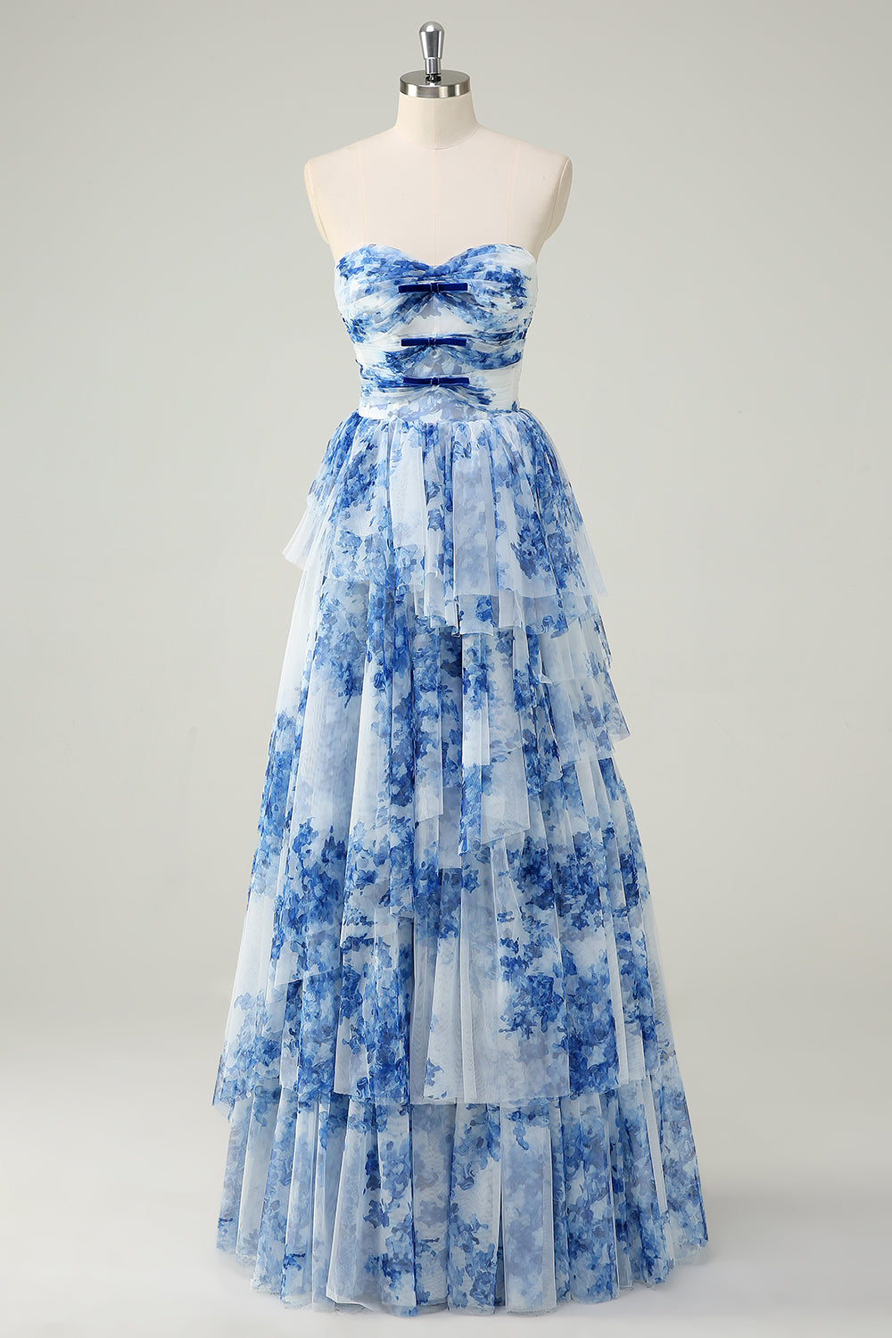 White Blue Flower Tiered Sweetheart A-Line Long Prom Dress