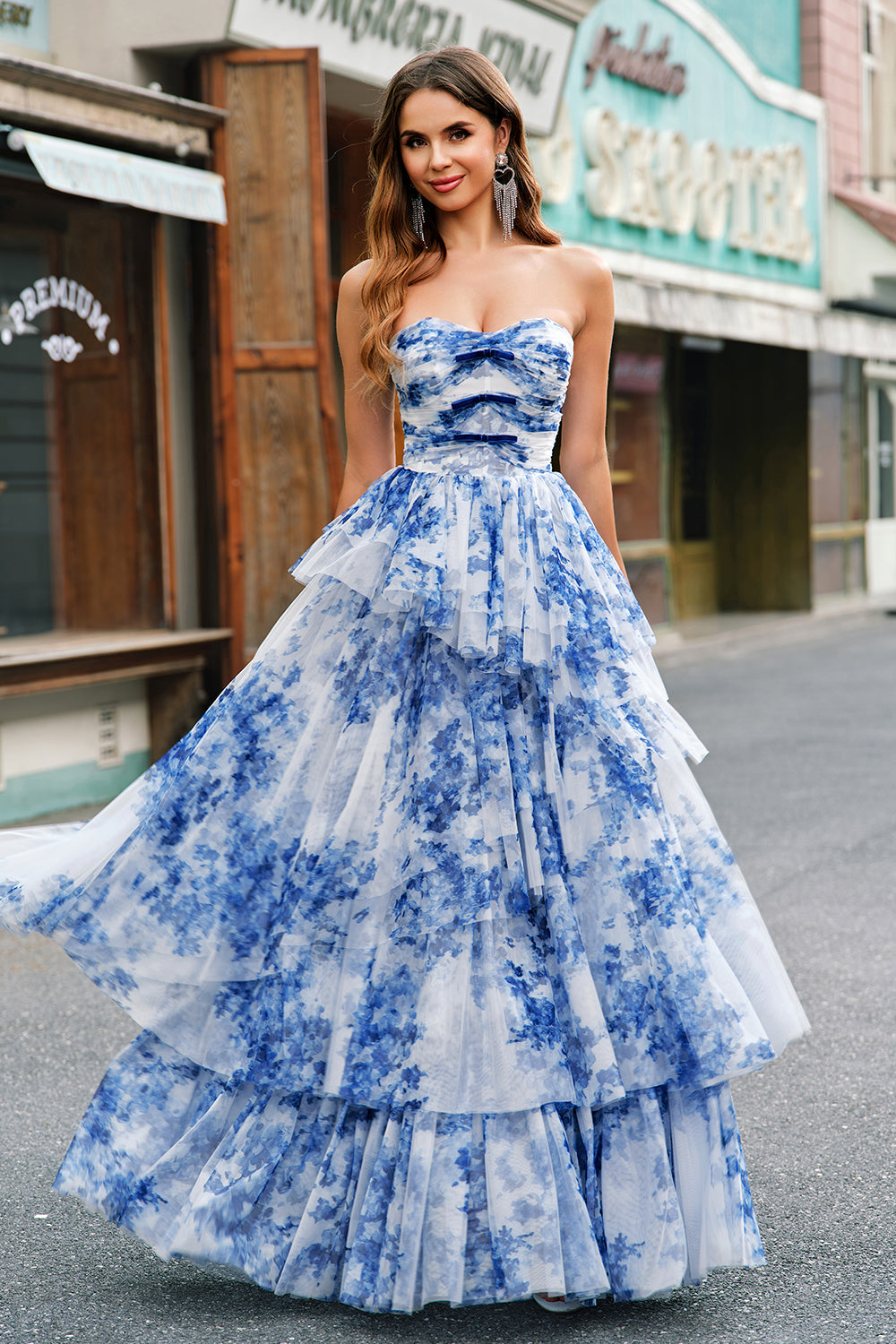 White Blue Flower Tiered Sweetheart A-Line Long Prom Dress