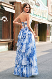 White Blue Flower Tiered Sweetheart A-Line Long Prom Dress