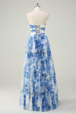 White Blue Flower Tiered Sweetheart A-Line Long Prom Dress