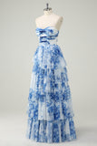 White Blue Flower Tiered Sweetheart A-Line Long Prom Dress