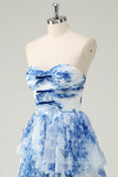 White Blue Flower Tiered Sweetheart A-Line Long Prom Dress