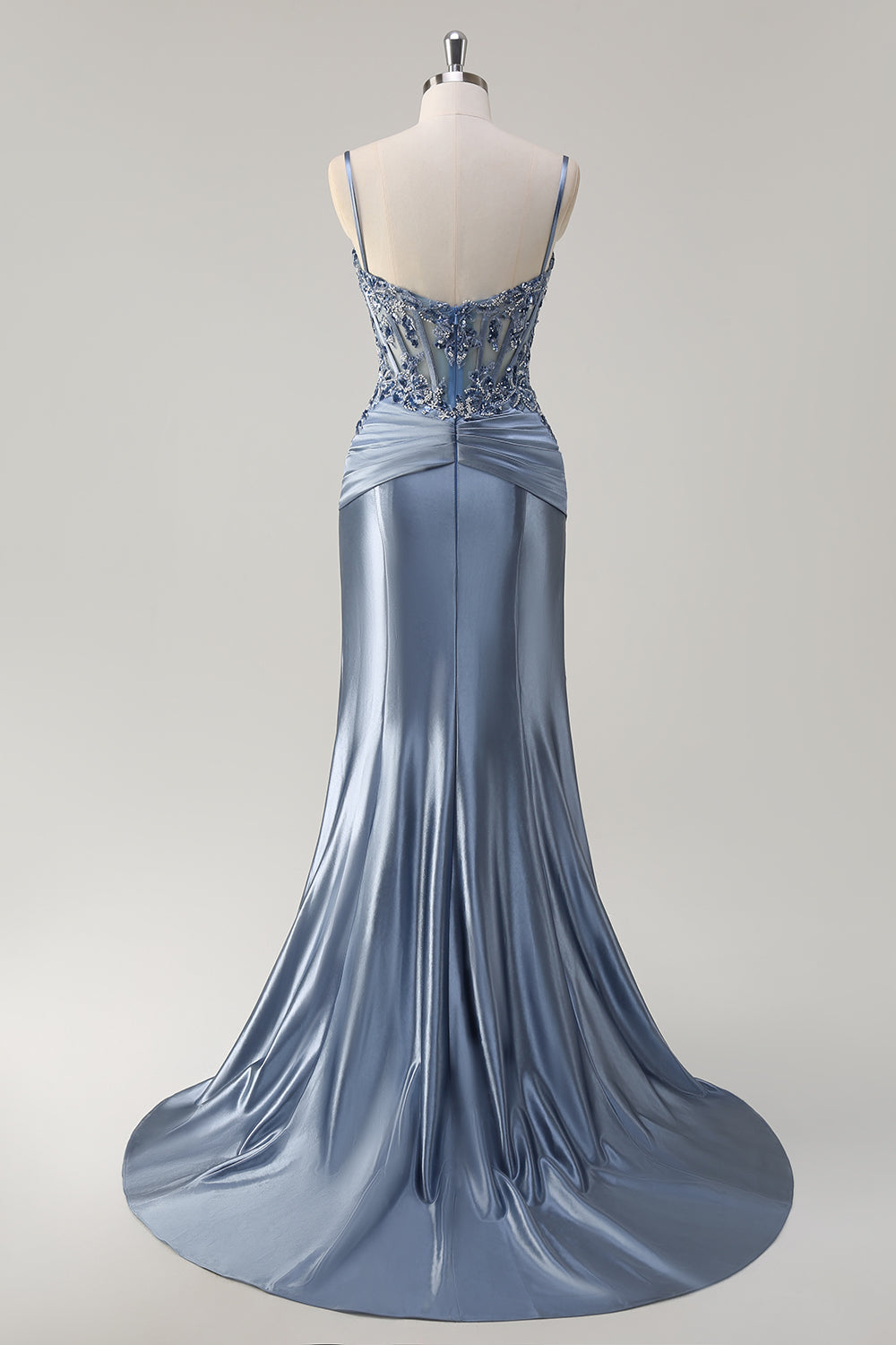 Grey Blue Floral Mermaid Spaghetti Straps Long Prom Dress with Appliques