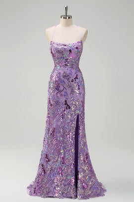 Sparkly Purple Sequined Mermaid Floral Spaghetti Straps Long Prom Dress with Slit