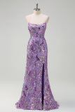 Sparkly Purple Sequined Mermaid Floral Spaghetti Straps Long Prom Dress with Slit