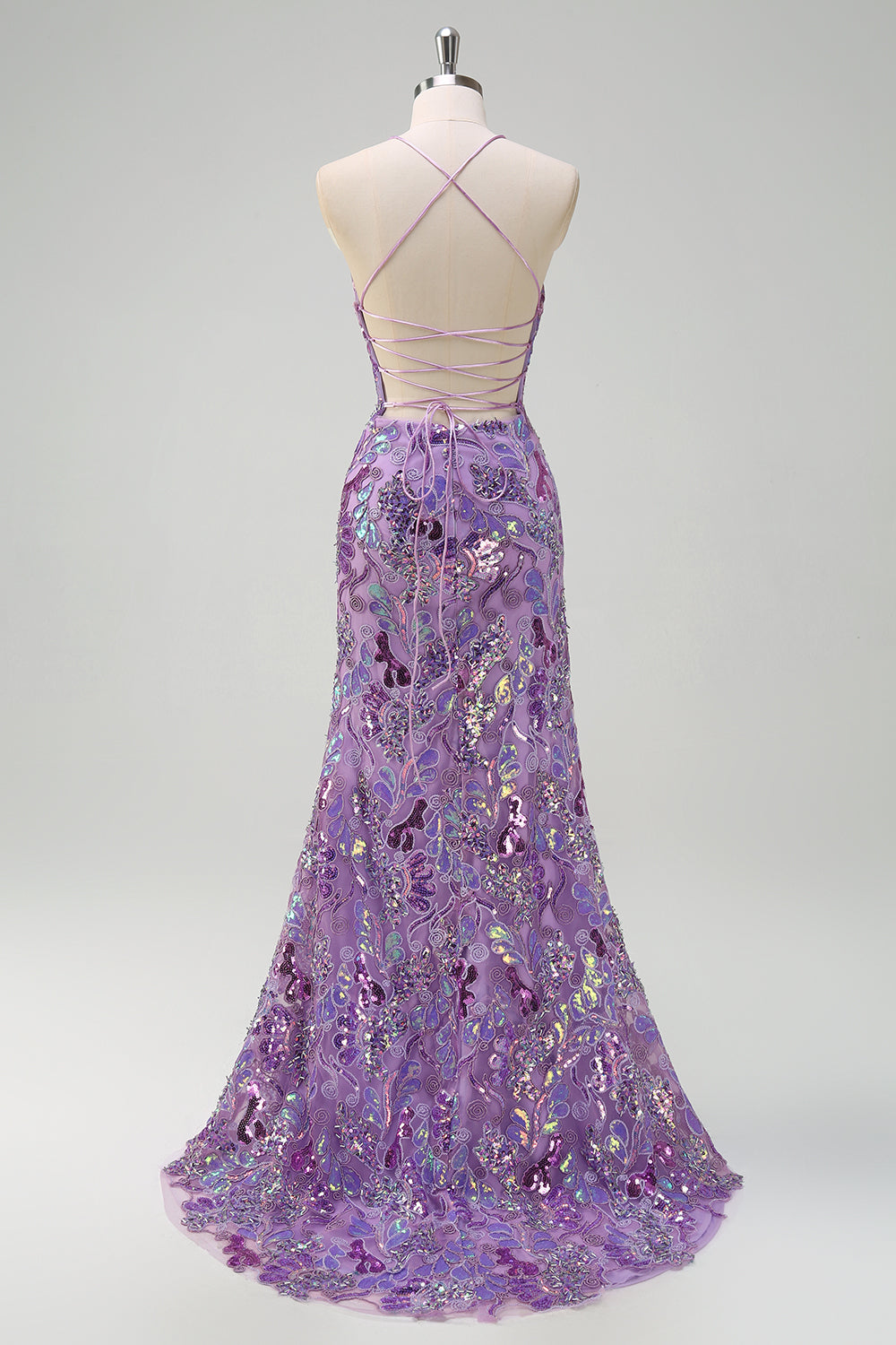 Sparkly Purple Sequined Mermaid Floral Spaghetti Straps Long Prom Dress with Slit