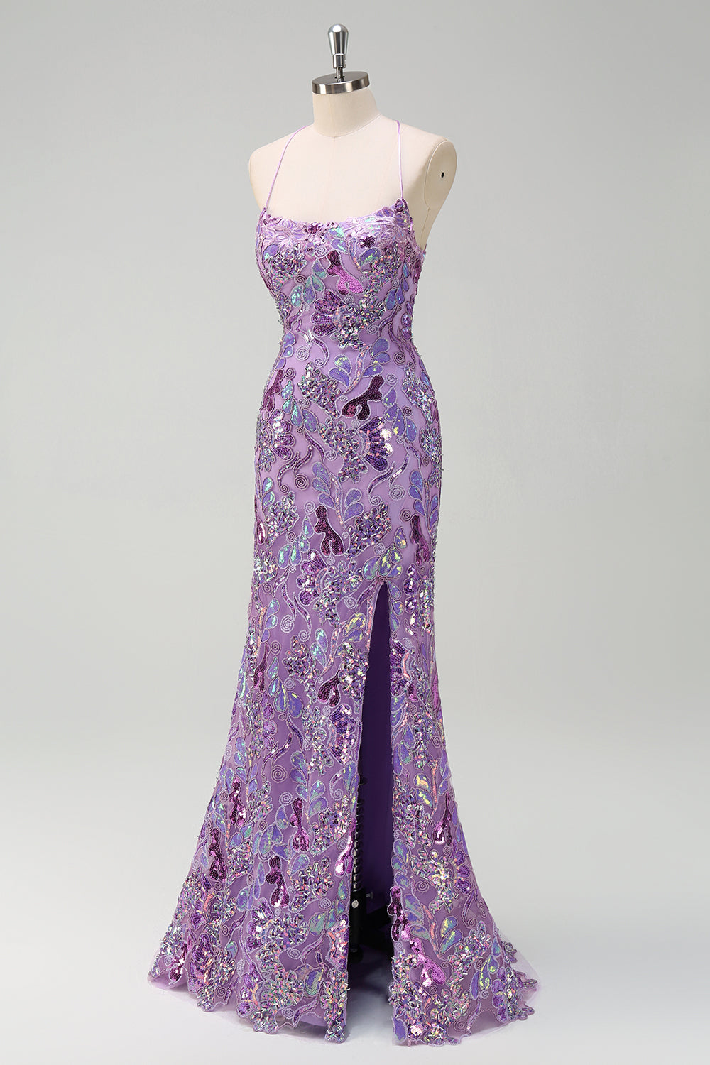 Sparkly Purple Sequined Mermaid Floral Spaghetti Straps Long Prom Dress with Slit