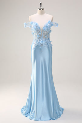 Sky Blue Mermaid Sequined Off The Shoulder Corset Long Prom Dress