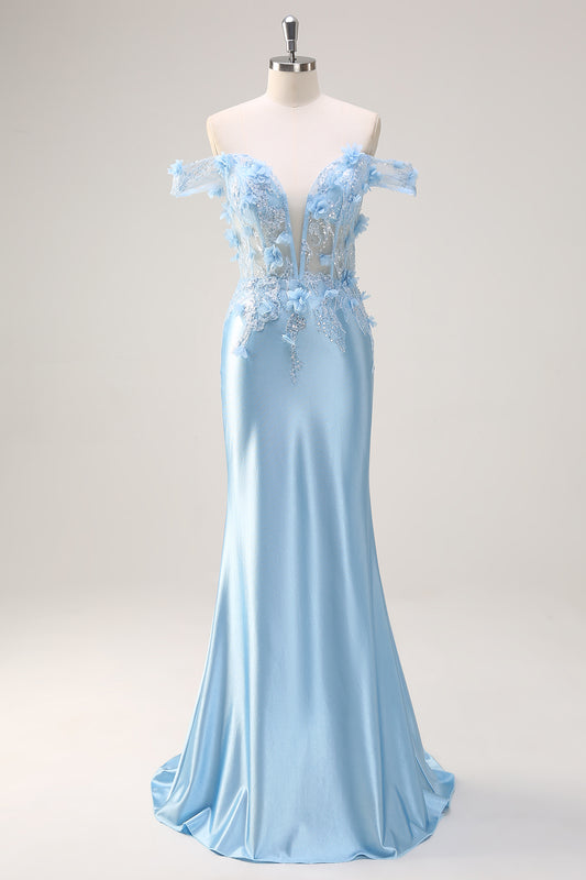 Sky Blue Mermaid Sequined Off The Shoulder Corset Long Prom Dress