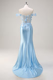 Sky Blue Mermaid Sequined Off The Shoulder Corset Long Prom Dress