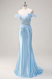 Sky Blue Mermaid Sequined Off The Shoulder Corset Long Prom Dress