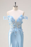 Sky Blue Mermaid Sequined Off The Shoulder Corset Long Prom Dress