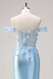 Sky Blue Mermaid Sequined Off The Shoulder Corset Long Prom Dress