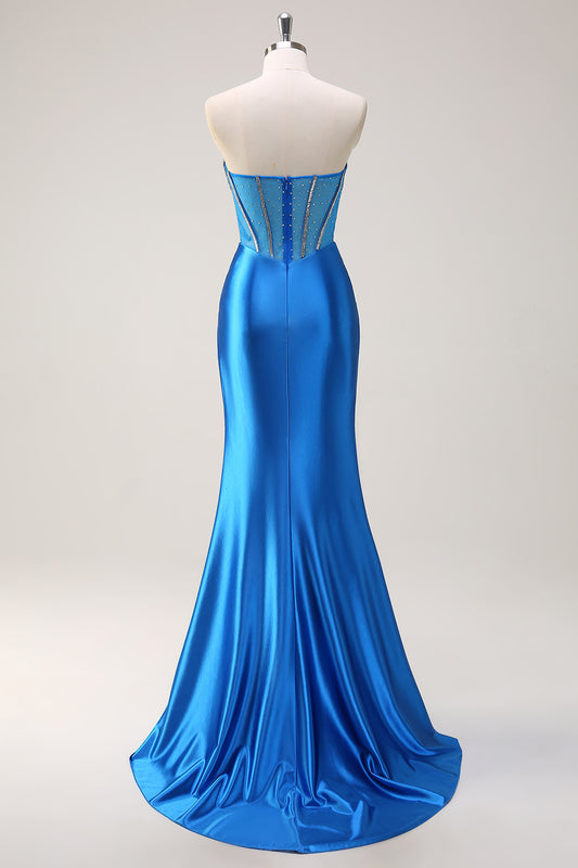 Blue Mermaid Beaded Sweetheart Long Prom Dress with Slit