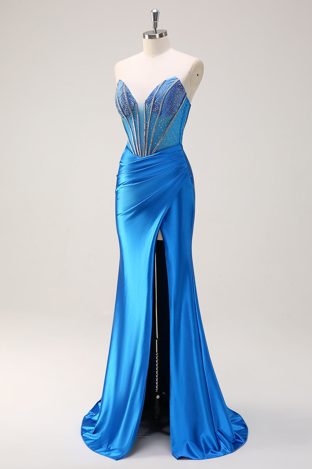 Blue Mermaid Beaded Sweetheart Long Prom Dress with Slit