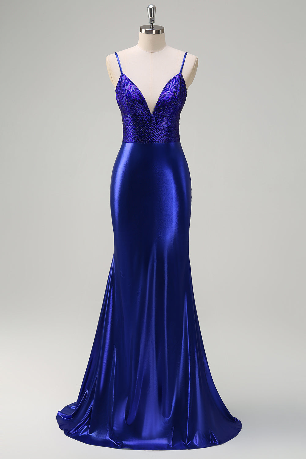 Sparkly Royal Blue Beaded Mermaid Spaghetti Straps Long Prom Dress