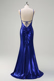 Sparkly Royal Blue Beaded Mermaid Spaghetti Straps Long Prom Dress