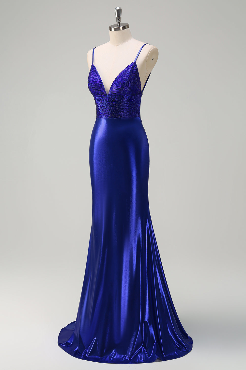 Sparkly Royal Blue Beaded Mermaid Spaghetti Straps Long Prom Dress