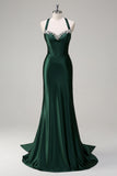 Dark Green Floral Mermaid Corset Satin Long Prom Dress