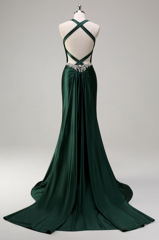 Dark Green Floral Mermaid Corset Satin Long Prom Dress