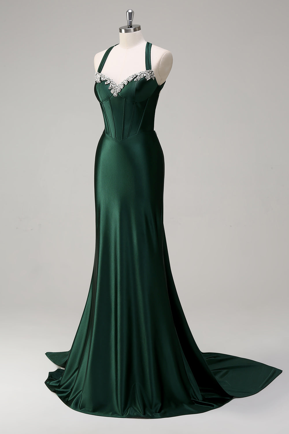 Dark Green Floral Mermaid Corset Satin Long Prom Dress