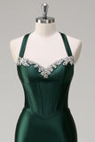 Dark Green Floral Mermaid Corset Satin Long Prom Dress