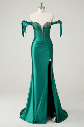 Dark Green Mermaid Sequined Off The Shoulder Long Prom Dress with Slit