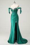 Dark Green Mermaid Sequined Off The Shoulder Long Prom Dress with Slit