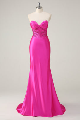 Fuchsia Mermaid Beaded Sweetheart Satin Long Prom Dress