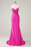 Fuchsia Mermaid Beaded Sweetheart Satin Long Prom Dress